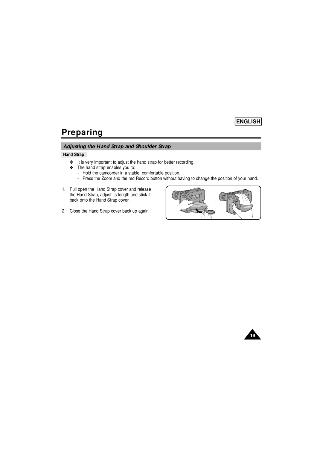 Samsung SCW61/W62 manual Preparing, Adjusting the Hand Strap and Shoulder Strap 