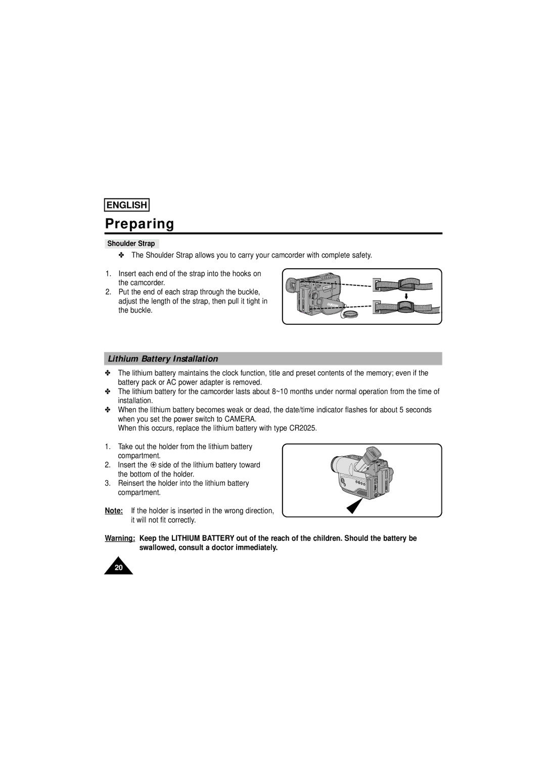 Samsung SCW61/W62 manual Lithium Battery Installation, Shoulder Strap 