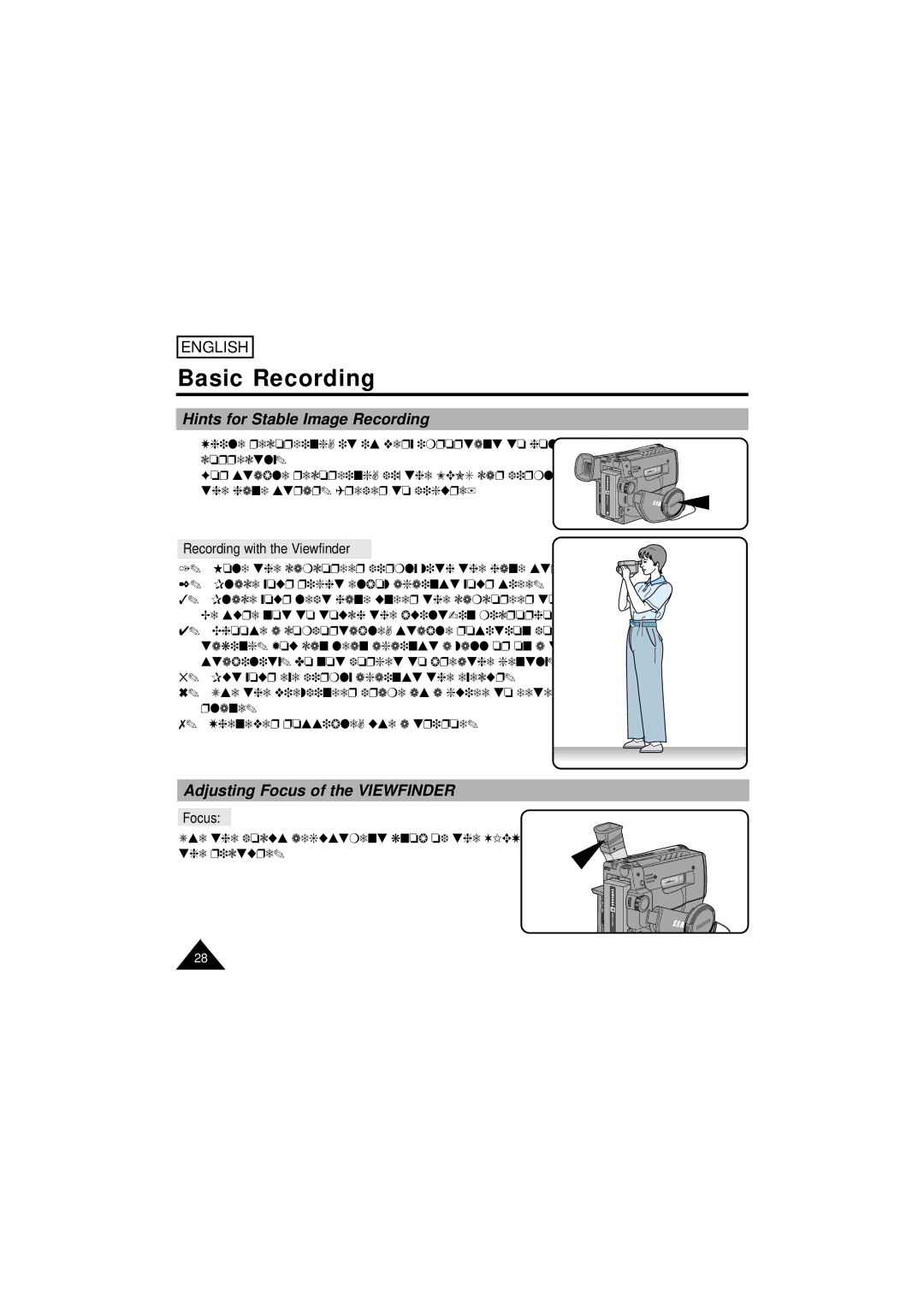 Samsung SCW61/W62 manual Hints for Stable Image Recording, Adjusting Focus of the Viewfinder, Recording with the Viewfinder 