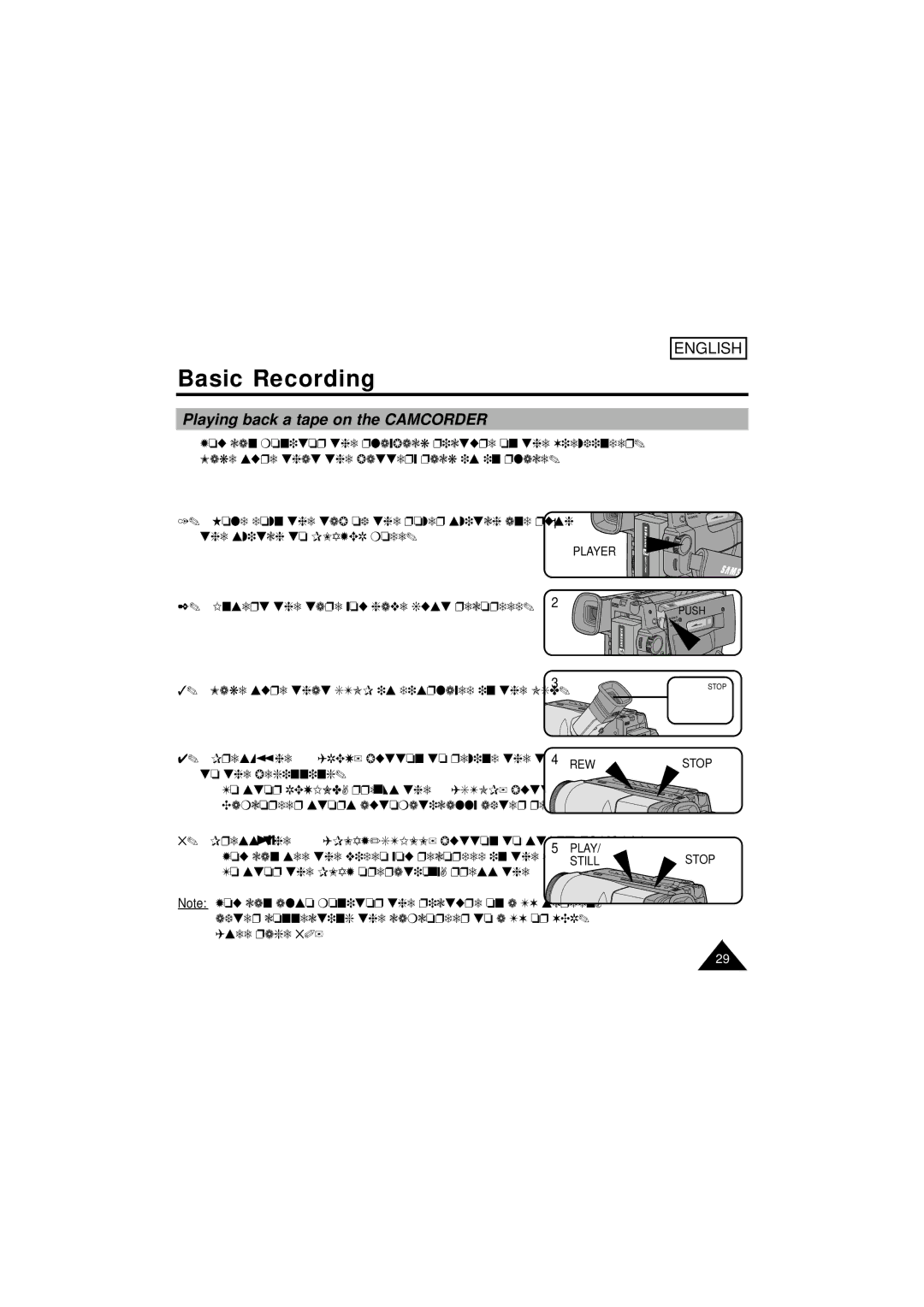 Samsung SCW61/W62 manual Playing back a tape on the Camcorder, Player, Rew, Play Still, Stop 