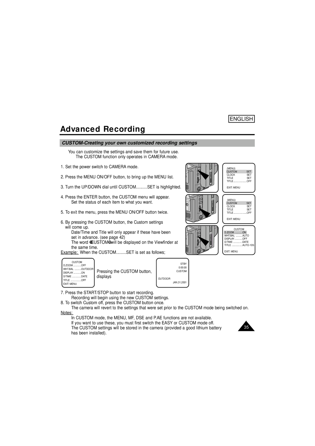 Samsung SCW61/W62 manual CUSTOM-Creating your own customized recording settings 