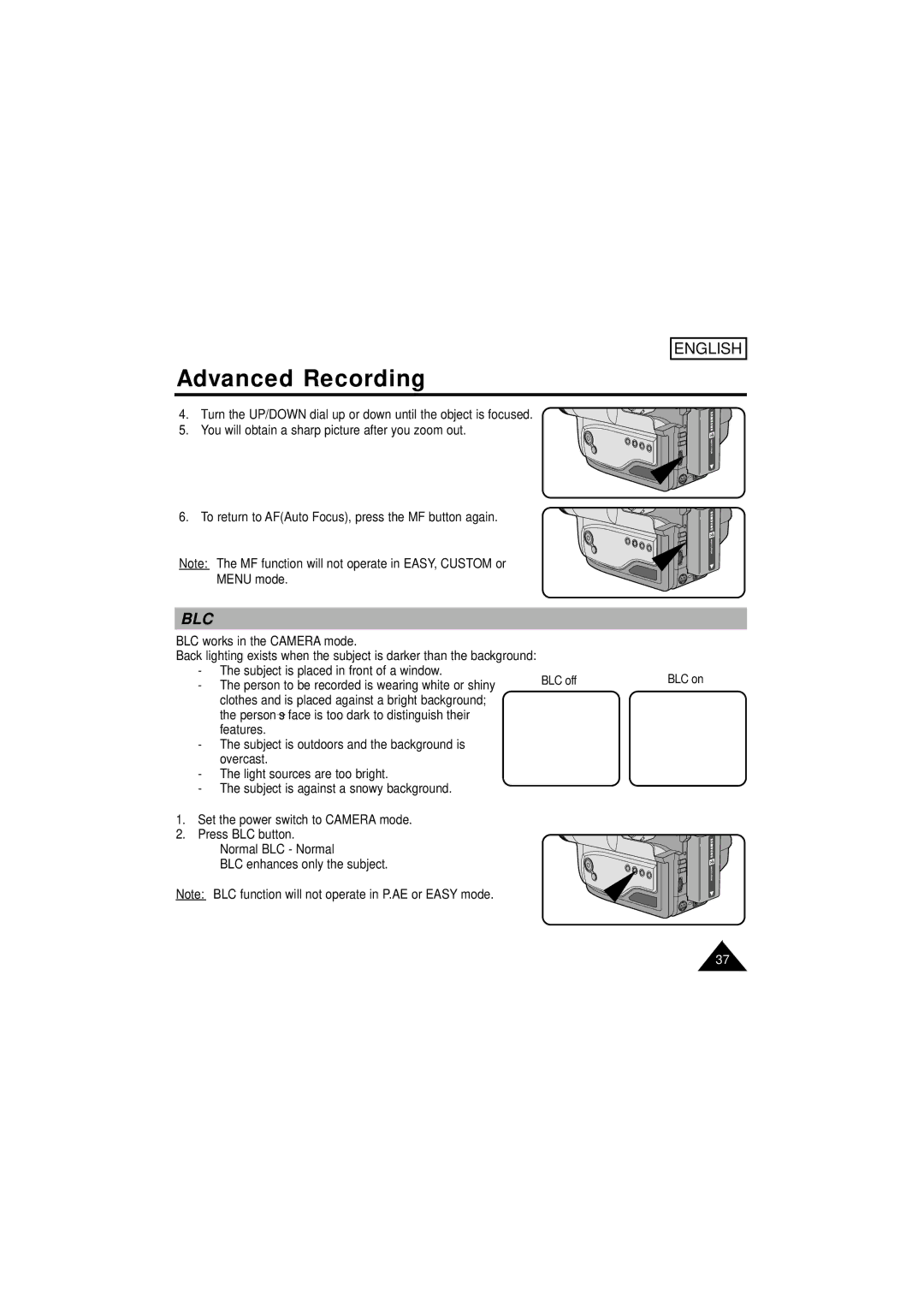 Samsung SCW61/W62 manual Blc, BLC off 