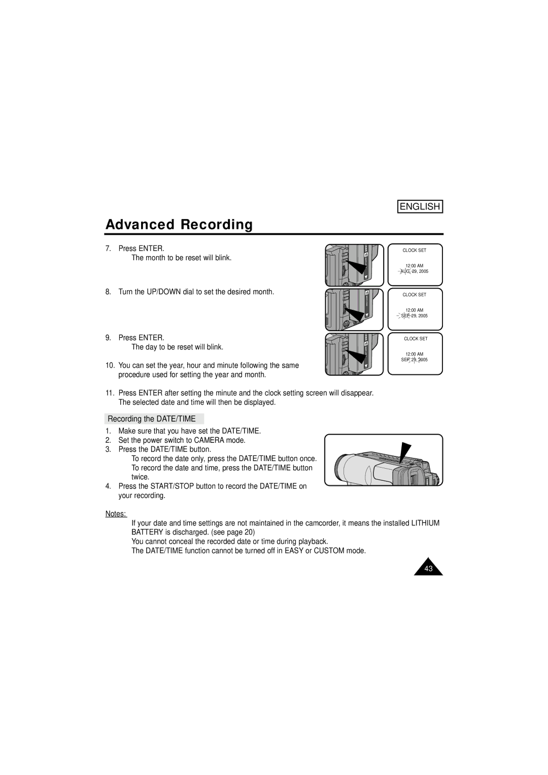 Samsung SCW61/W62 manual Recording the DATE/TIME 