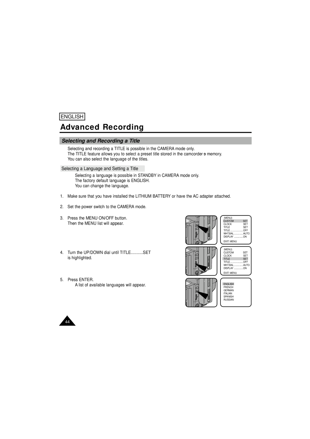 Samsung SCW61/W62 manual Selecting and Recording a Title, Selecting a Language and Setting a Title 