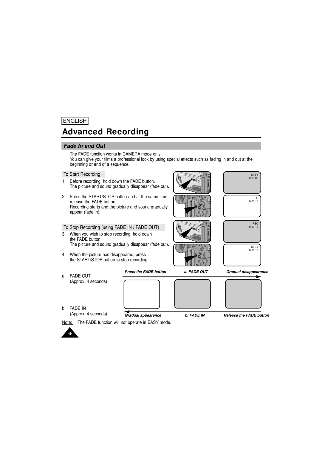 Samsung SCW61/W62 manual Fade In and Out, To Start Recording, To Stop Recording using Fade in / Fade OUT 