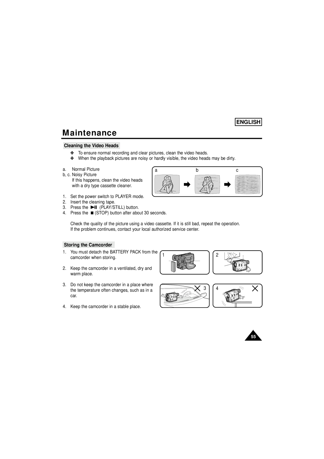 Samsung SCW61/W62 manual Cleaning the Video Heads, Storing the Camcorder 