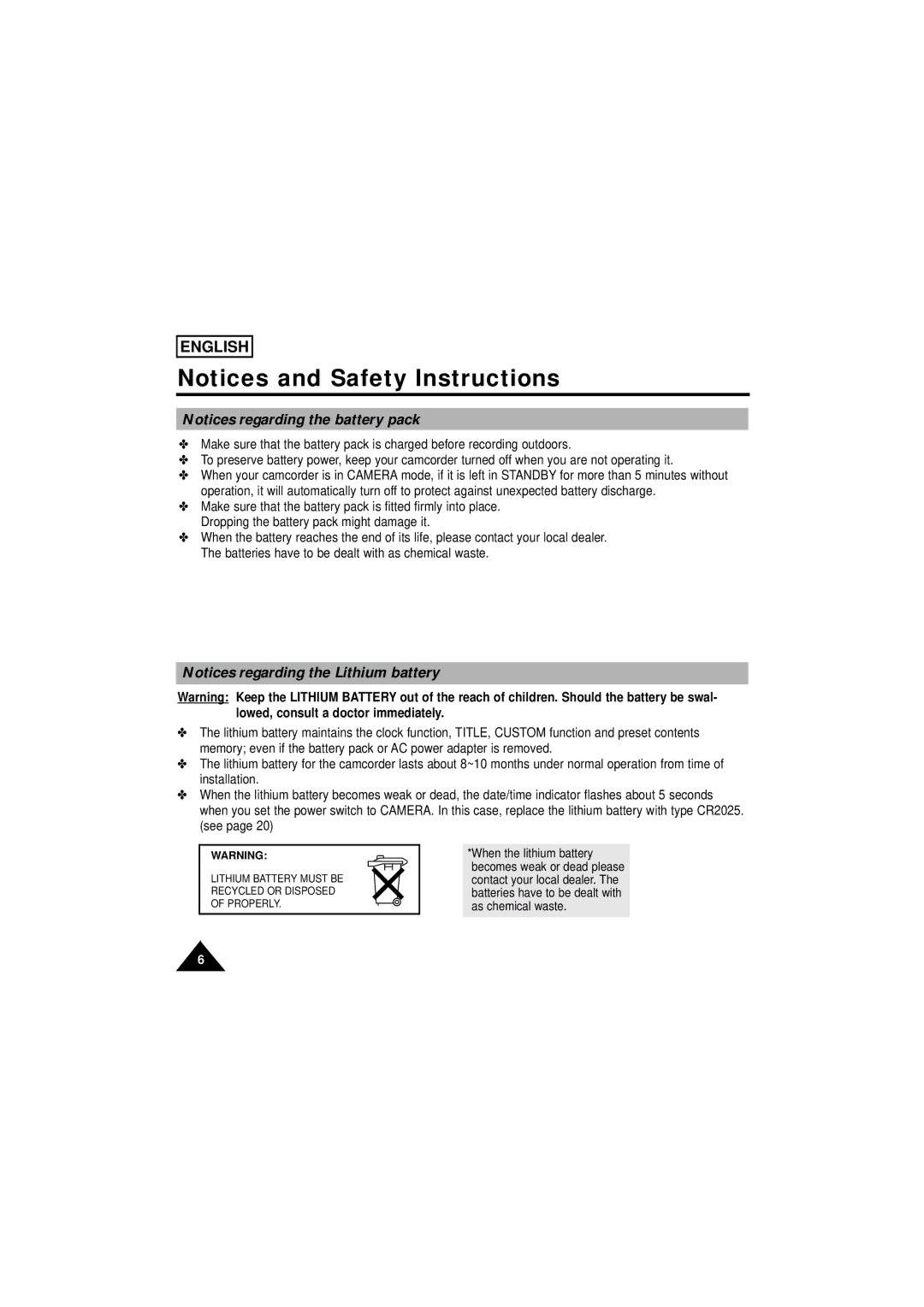 Samsung SCW61/W62 manual Lithium Battery Must be Recycled or Disposed of Properly 