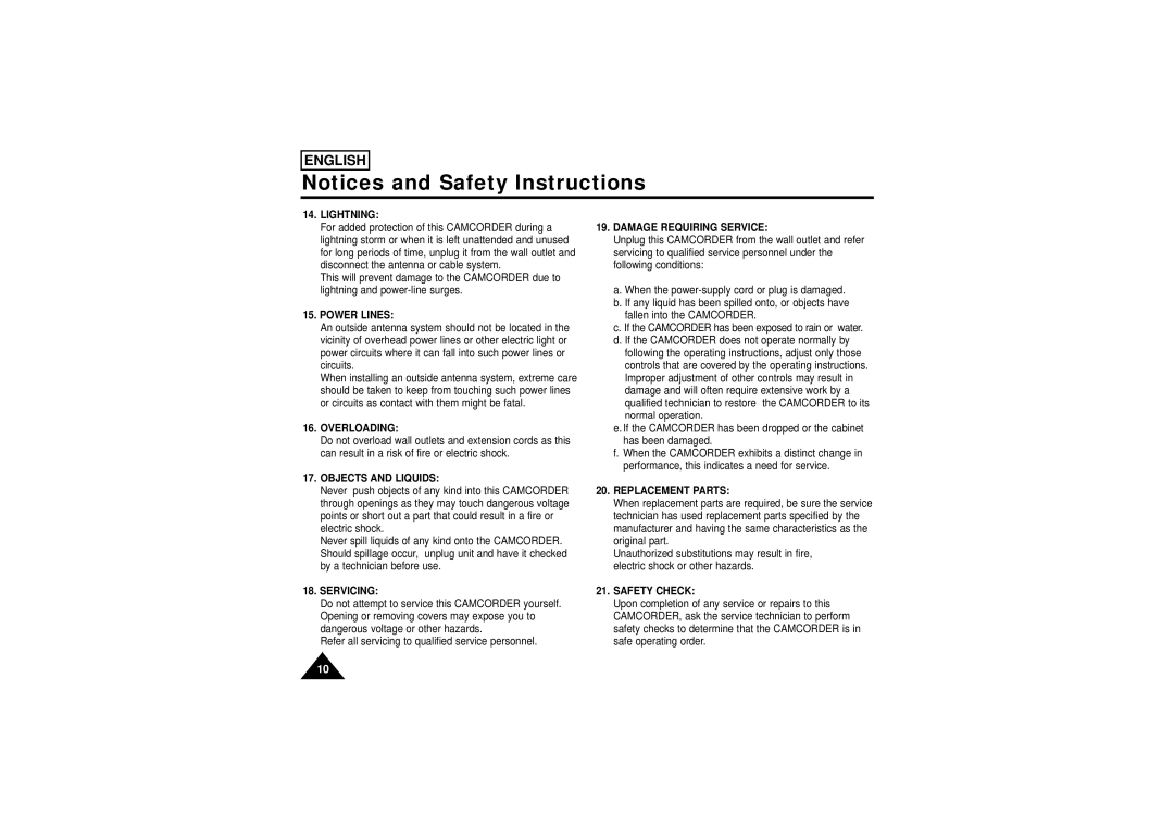 Samsung SCW71/W73 manual Lightning, Power Lines, Overloading, Objects and Liquids, Servicing, Damage Requiring Service 