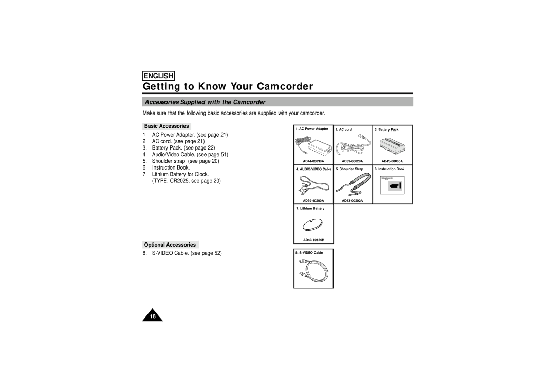 Samsung SCW71/W73 manual Accessories Supplied with the Camcorder, Basic Accessories, Optional Accessories 