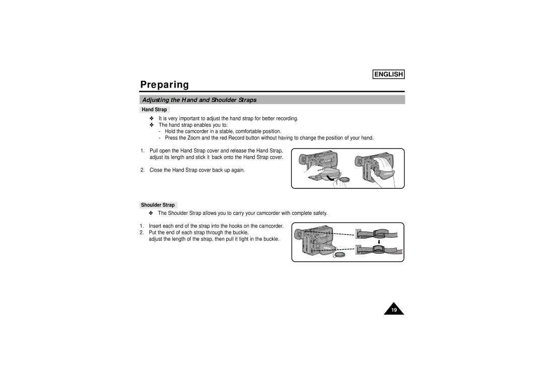 Samsung SCW71/W73 manual Preparing, Adjusting the Hand and Shoulder Straps 