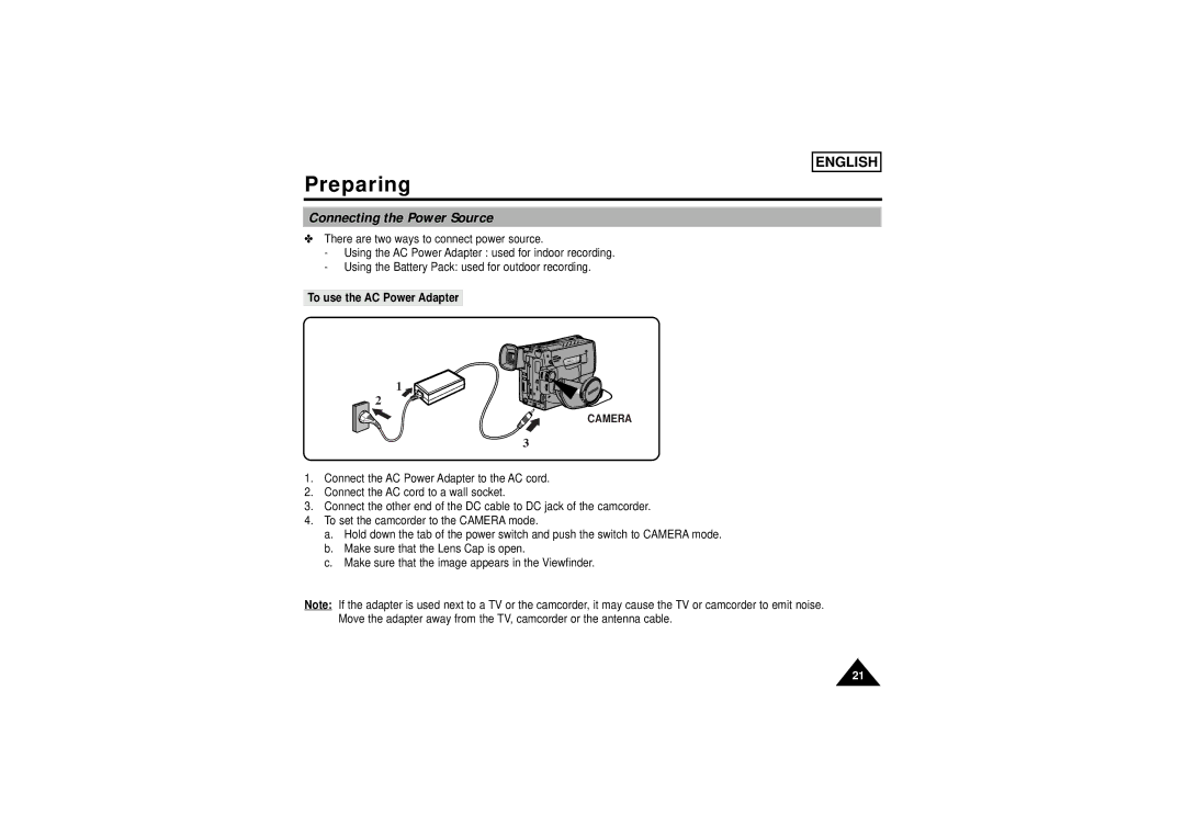 Samsung SCW71/W73 manual Connecting the Power Source, To use the AC Power Adapter, Camera 