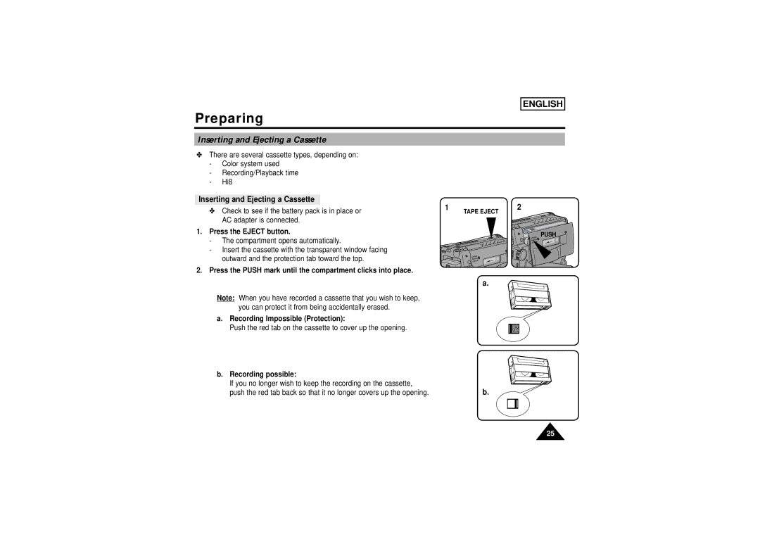 Samsung SCW71/W73 manual Inserting and Ejecting a Cassette, Check to see if the battery pack is in place or 