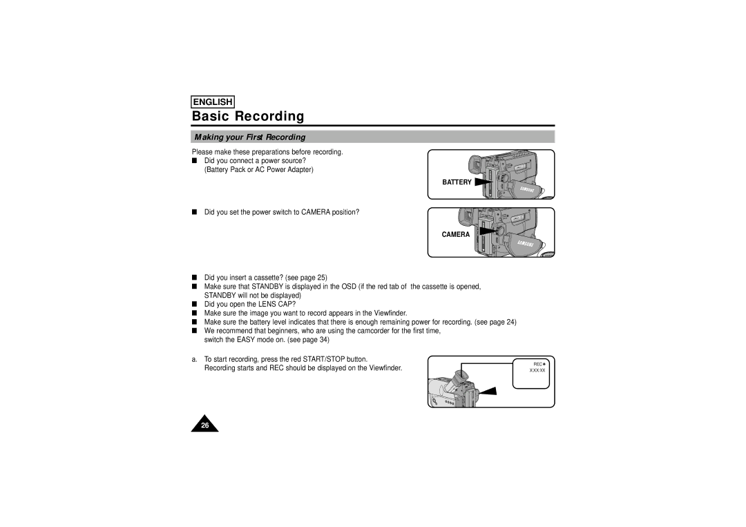 Samsung SCW71/W73 manual Basic Recording, Making your First Recording, Battery 