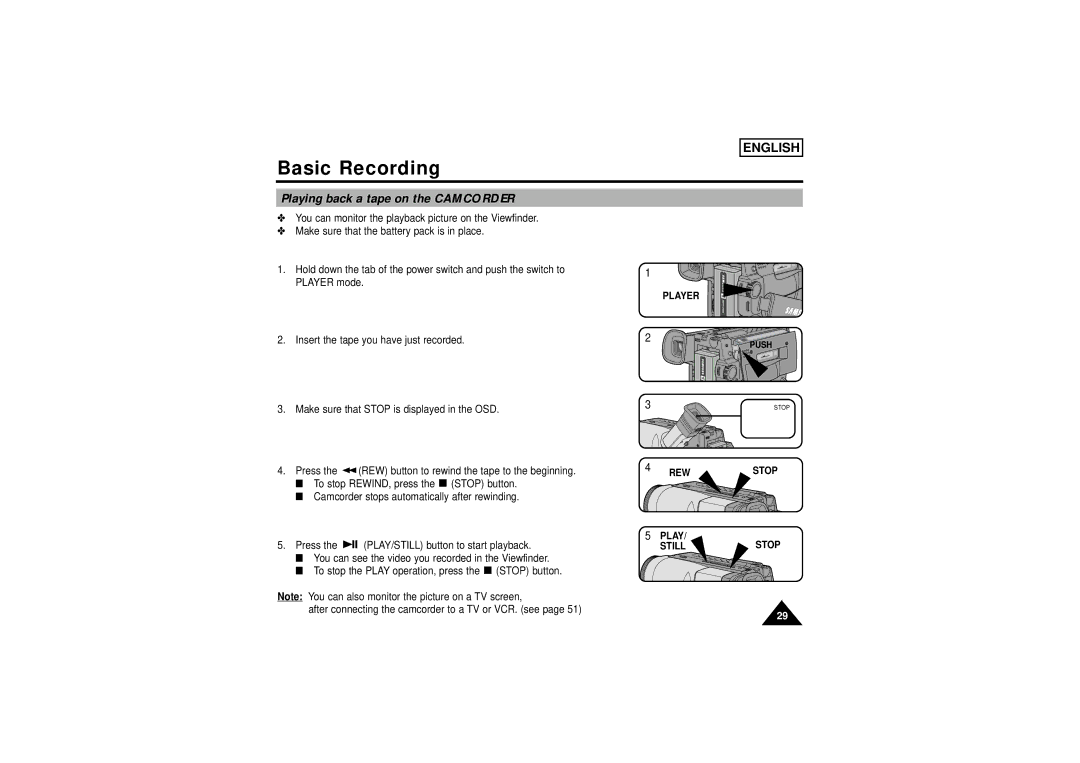 Samsung SCW71/W73 manual Playing back a tape on the Camcorder, Player, Rew, Play Still, Stop 