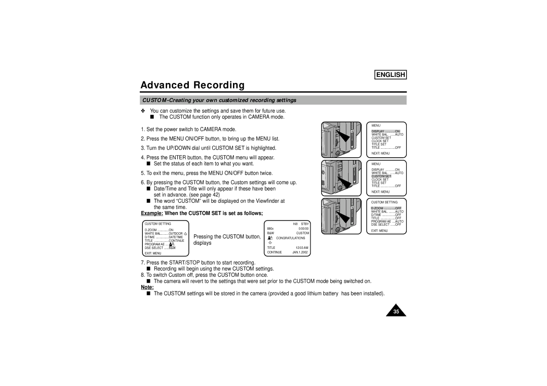 Samsung SCW71/W73 CUSTOM-Creating your own customized recording settings, Example When the Custom SET is set as follows 