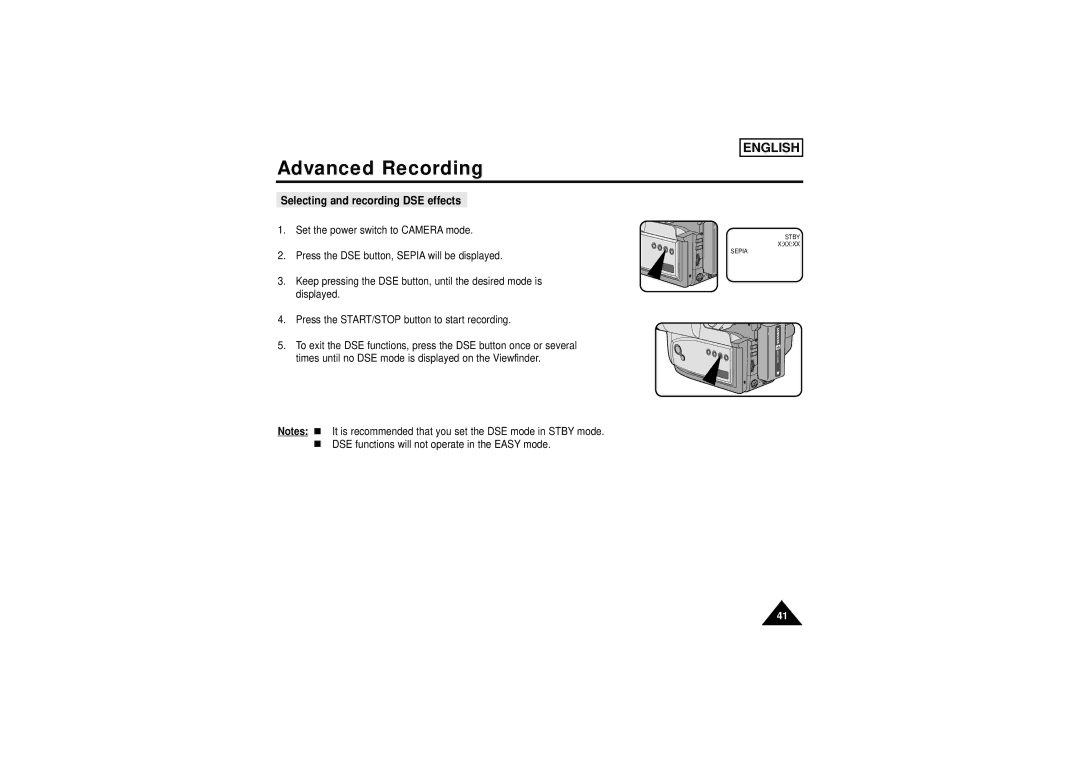 Samsung SCW71/W73 manual Selecting and recording DSE effects 