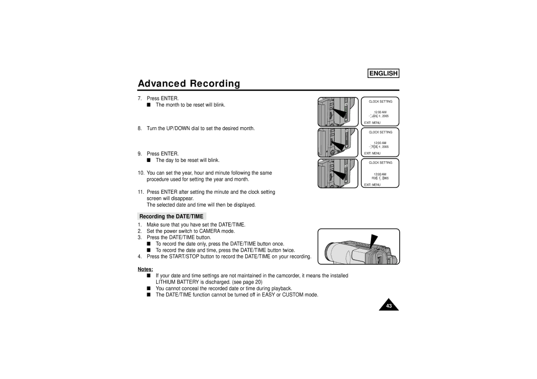 Samsung SCW71/W73 manual Recording the DATE/TIME 