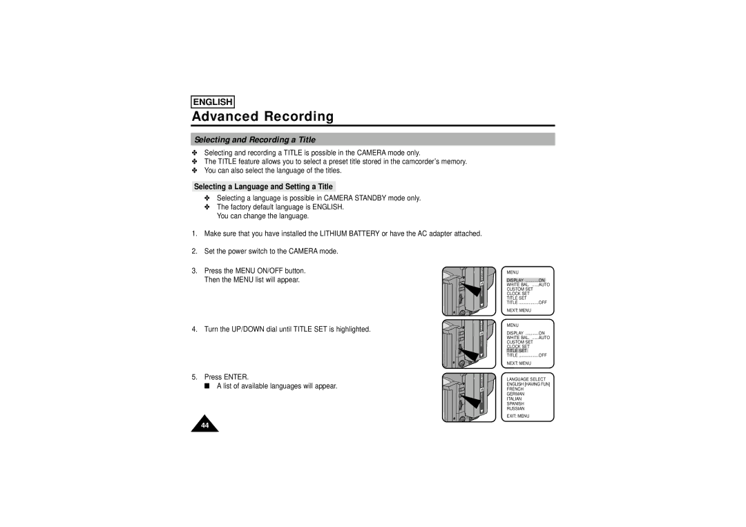 Samsung SCW71/W73 manual Selecting and Recording a Title, Selecting a Language and Setting a Title 