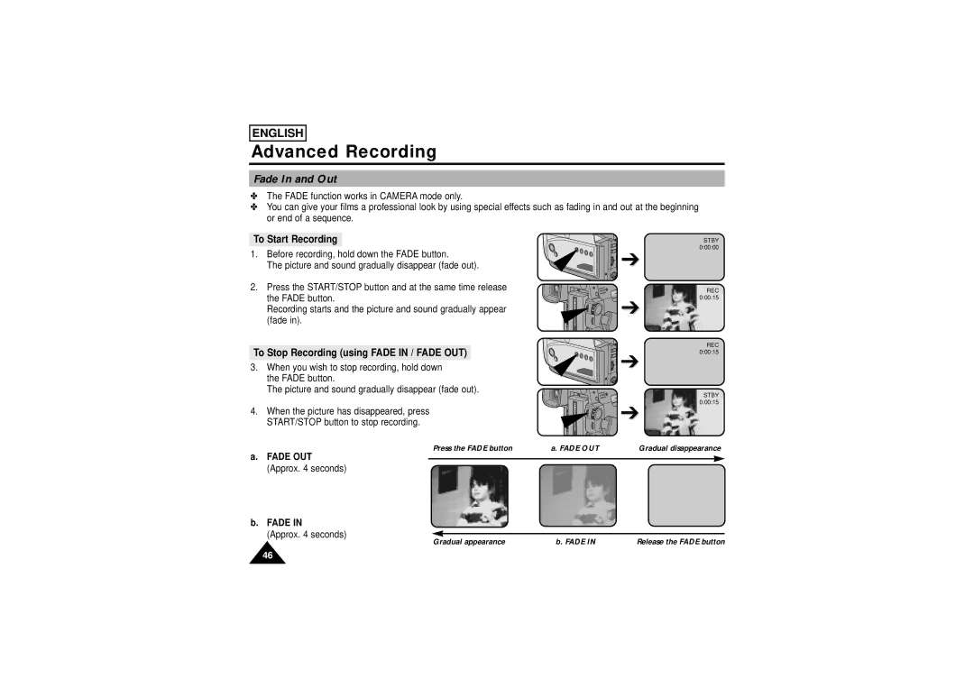 Samsung SCW71/W73 manual Fade In and Out, To Start Recording, To Stop Recording using Fade in / Fade OUT 