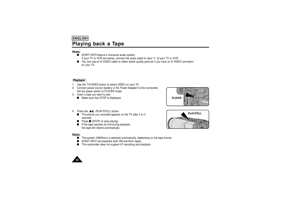 Samsung SCW71/W73 manual Playback, Player 