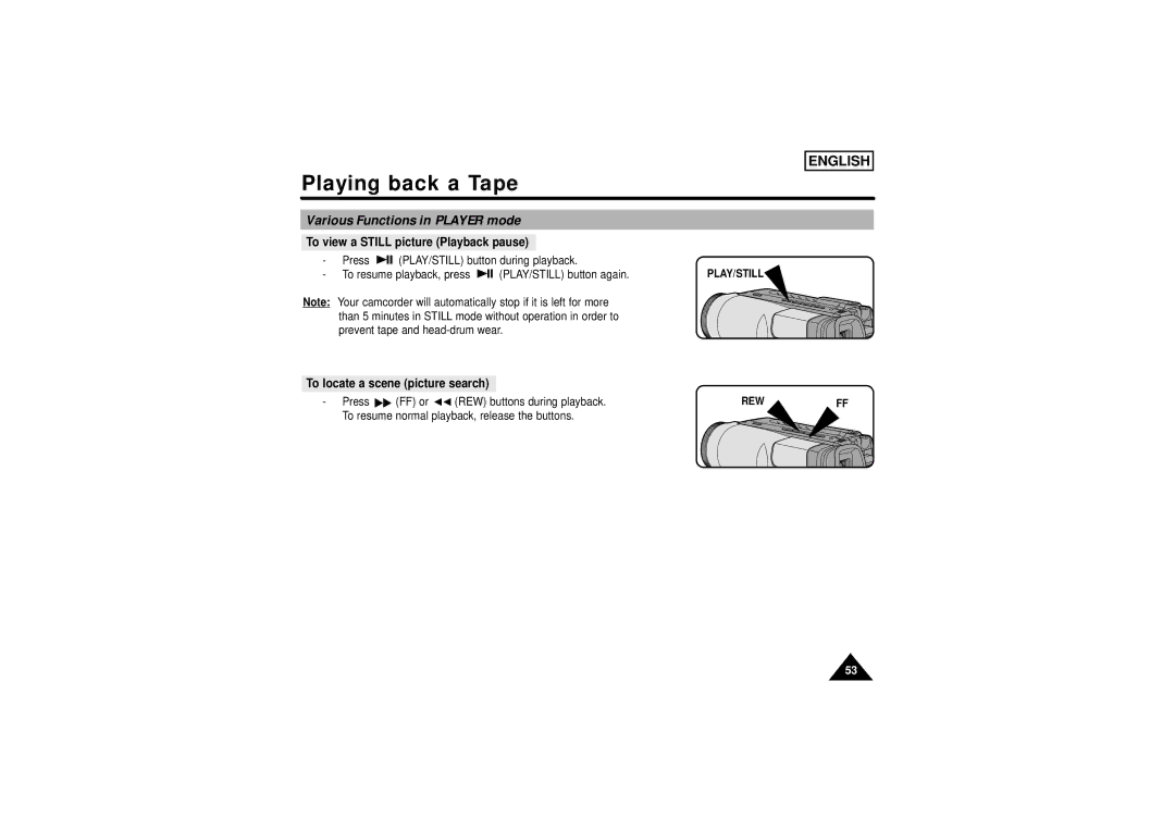 Samsung SCW71/W73 manual Various Functions in Player mode, To view a Still picture Playback pause 