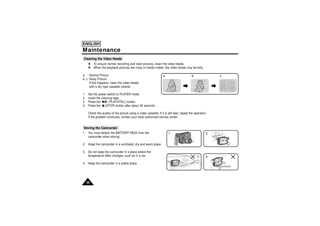 Samsung SCW71/W73 manual Cleaning the Video Heads, Storing the Camcorder 