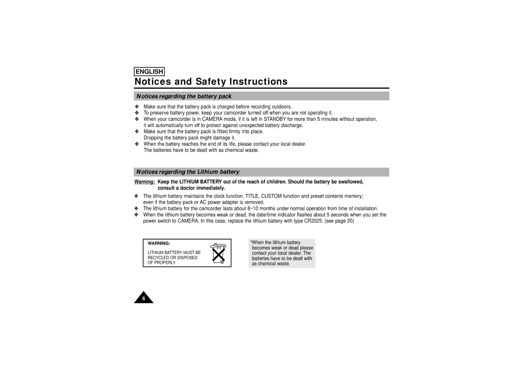 Samsung SCW71/W73 manual Lithium Battery Must be Recycled or Disposed of Properly 