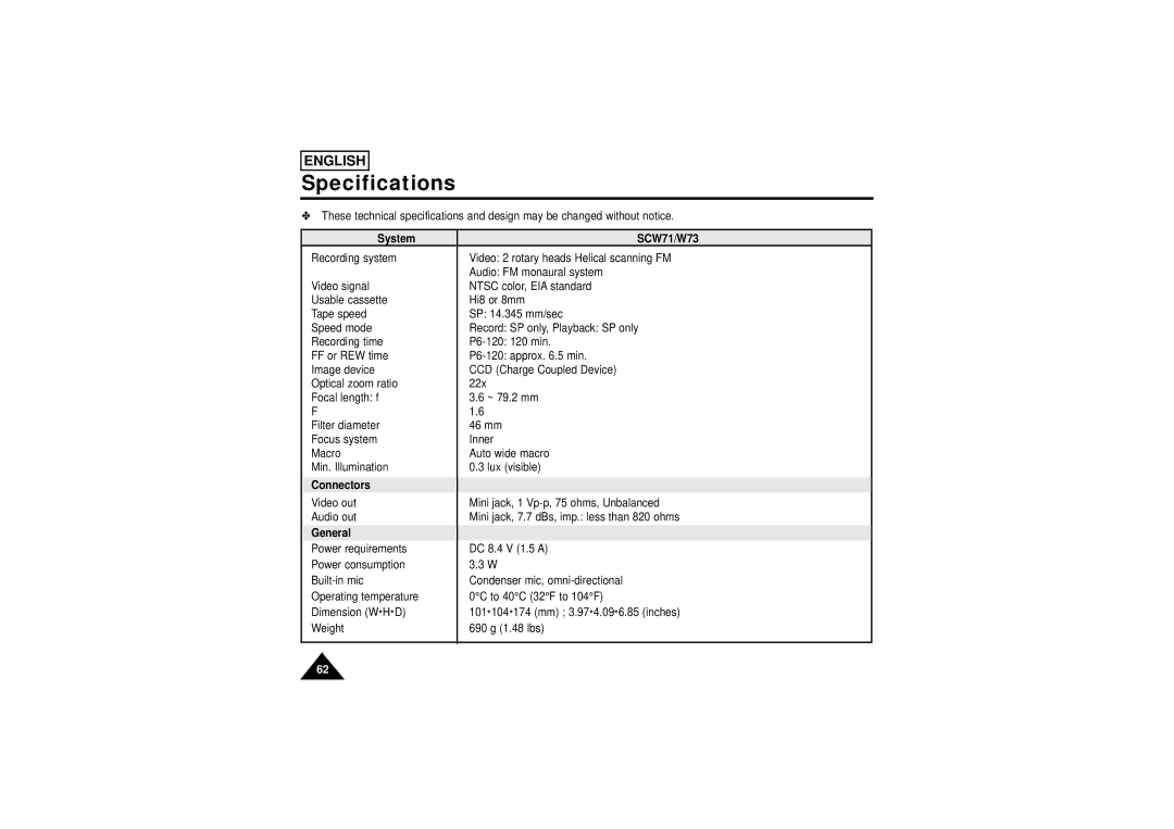 Samsung manual Specifications, System SCW71/W73, Connectors, General 