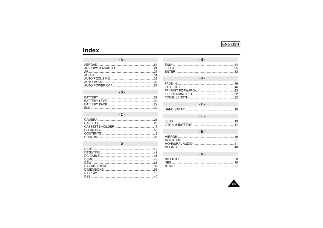 Samsung SCW71/W73 manual Index, Auto Focusing 