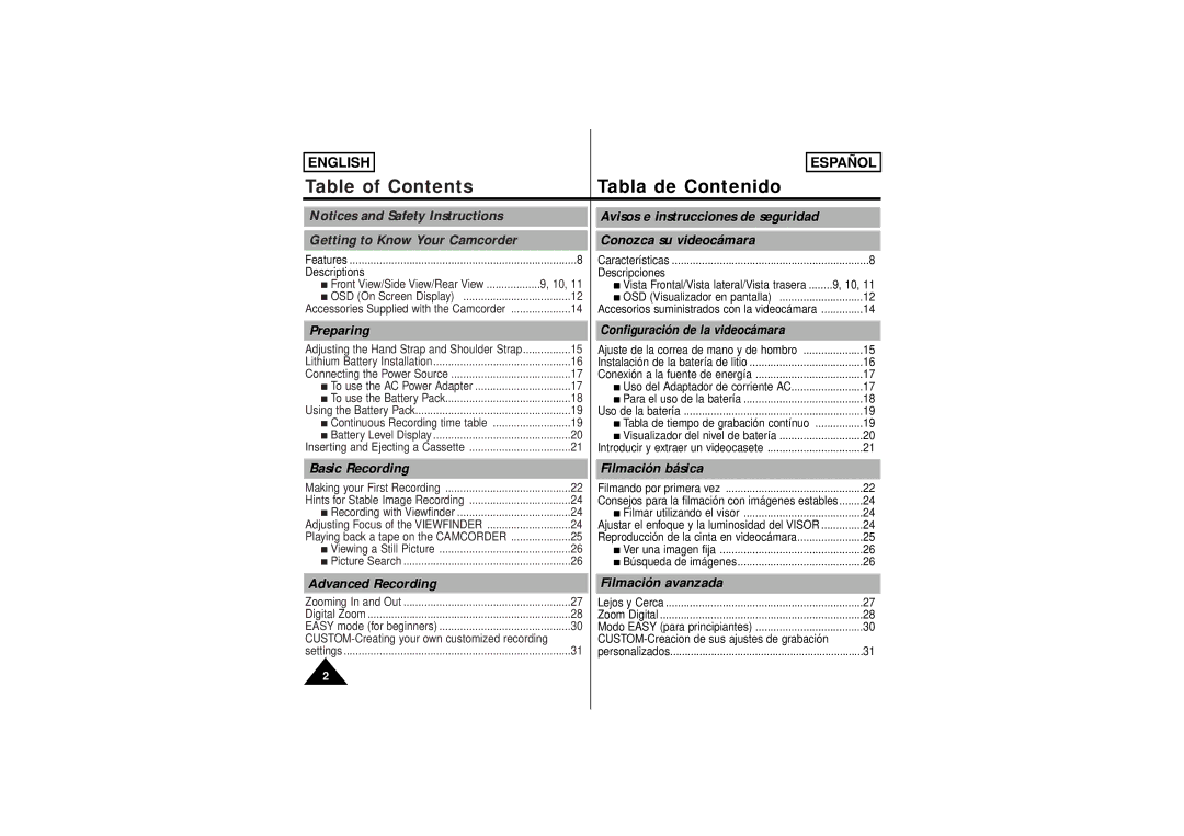 Samsung SCW71/W73 manual Table of Contents Tabla de Contenido 