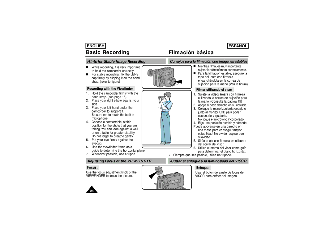 Samsung SCW71/W73 manual Hints for Stable Image Recording, Adjusting Focus of the Viewfinder, Recording with the Viewfinder 