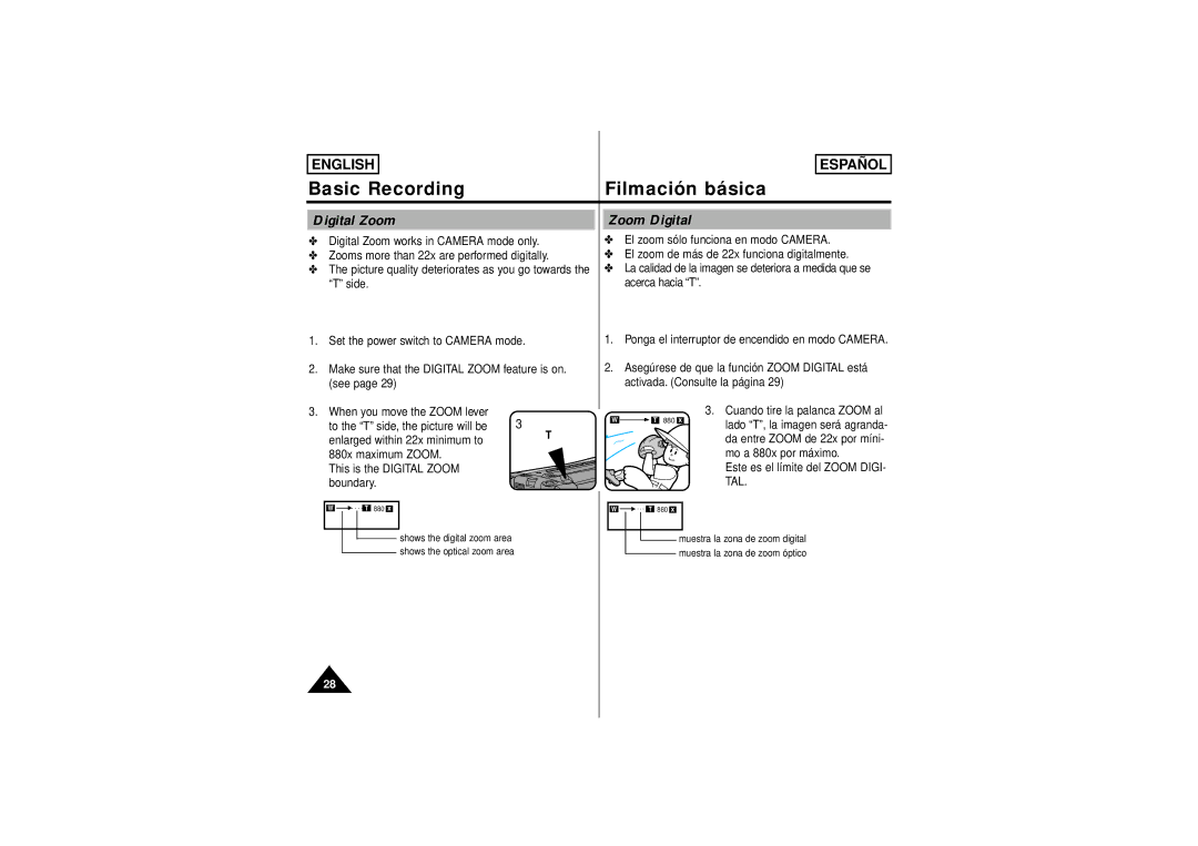 Samsung SCW71/W73 manual Basic Recording, Digital Zoom, Zoom Digital 