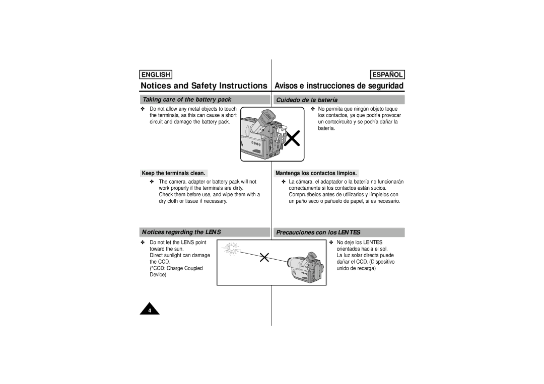 Samsung SCW71/W73 manual Taking care of the battery pack Cuidado de la batería, Precauciones con los Lentes 