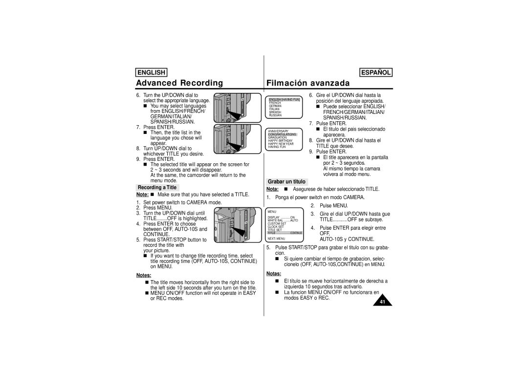 Samsung SCW71/W73 manual Grabar un titulo, Recording a Title, Continue, Press START/STOP button to record the title with 