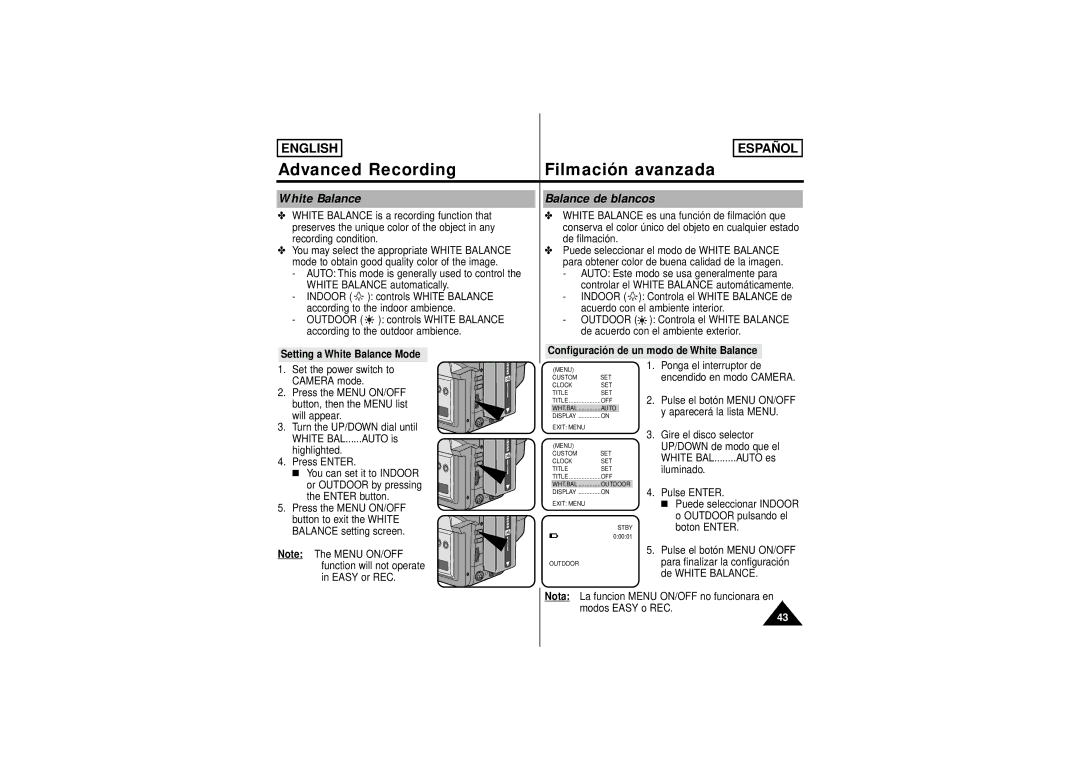 Samsung SCW71/W73 manual White Balance Balance de blancos, Indoor, Outdoor 