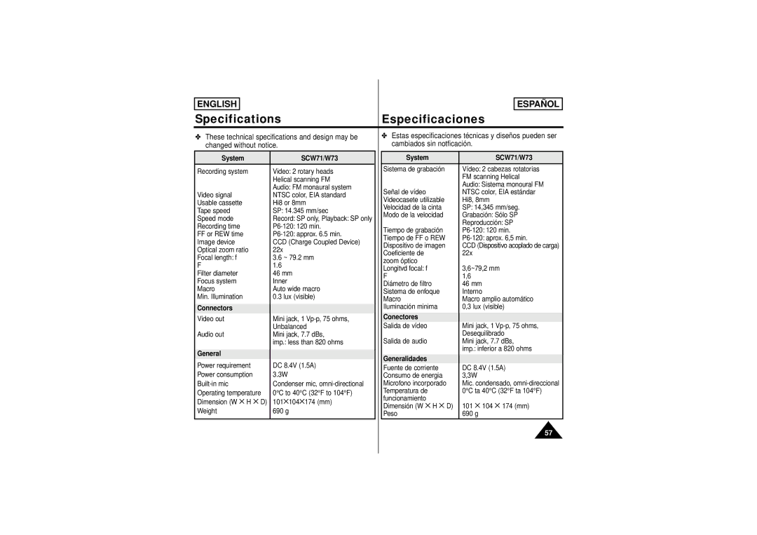 Samsung manual Specifications Especificaciones, System SCW71/W73, Connectors, Conectores, General Generalidades 