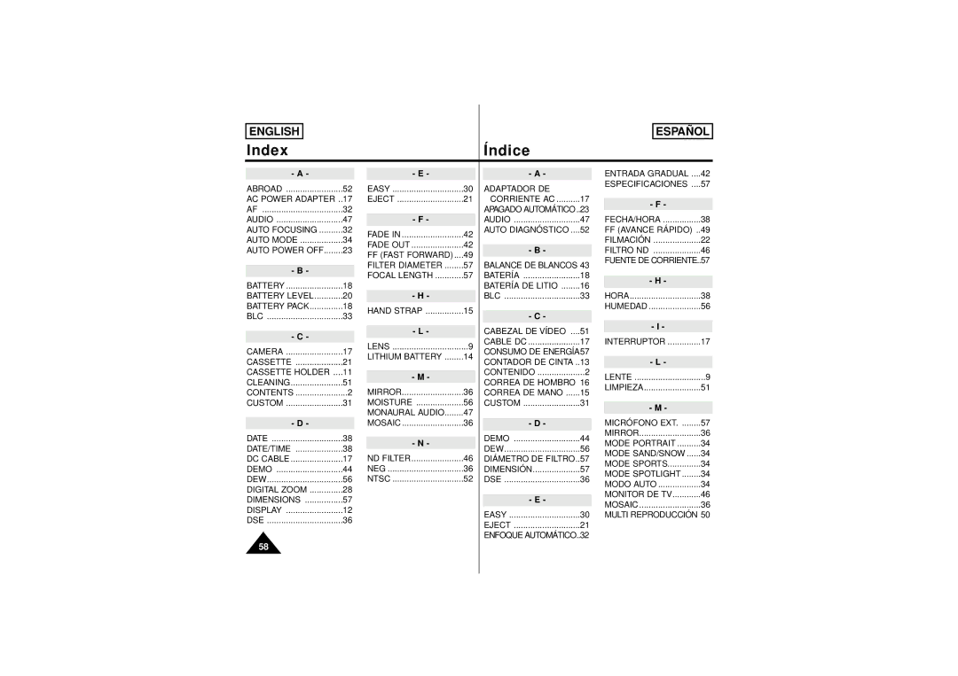 Samsung SCW71/W73 manual Index Índice 