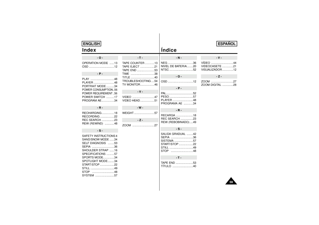 Samsung SCW71/W73 manual Operation Mode, Troubleshooting, Zoom Digital, Recharging Weight, REC Search, Salida Gradual 