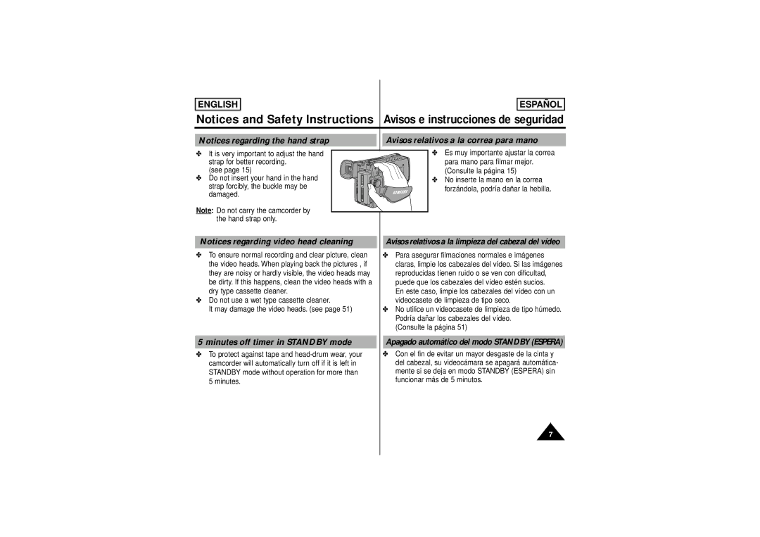 Samsung SCW71/W73 manual Avisos relativos a la correa para mano, Minutes off timer in Standby mode 