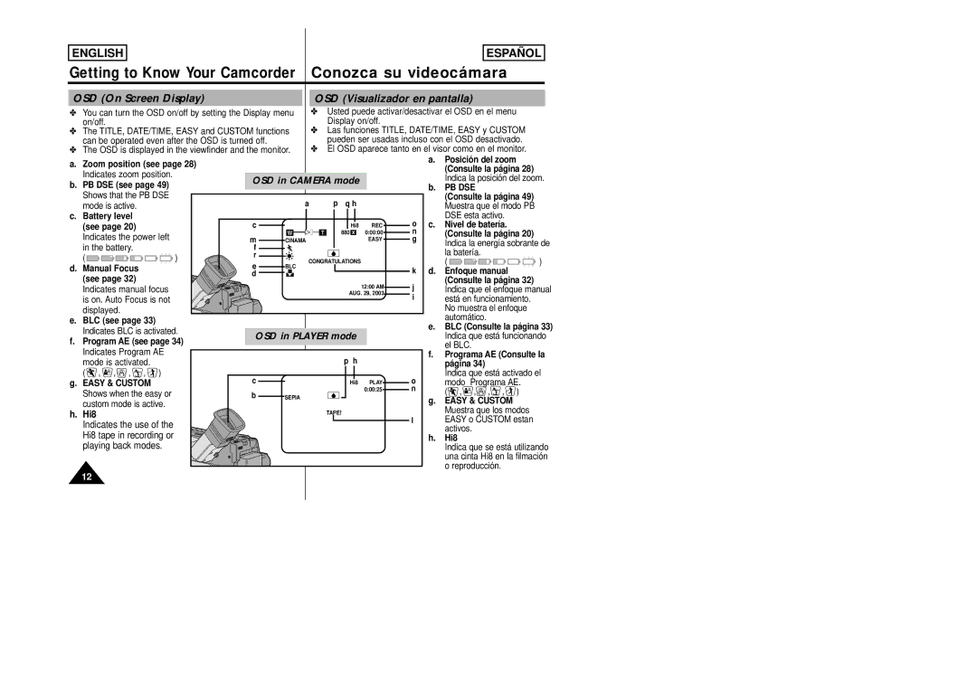 Samsung SCW80/W87 manual OSD On Screen Display OSD Visualizador en pantalla 