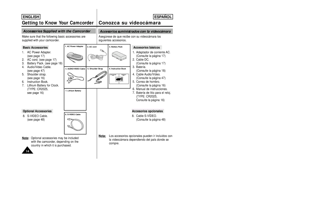 Samsung SCW80/W87 manual Accessories Supplied with the Camcorder, Basic Accessories, Accesorios básicos, Nota 