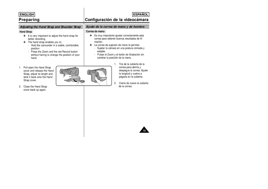 Samsung SCW80/W87 manual Preparing, Ajuste de la correa de mano y de hombro, Adjusting the Hand Strap and Shoulder Strap 