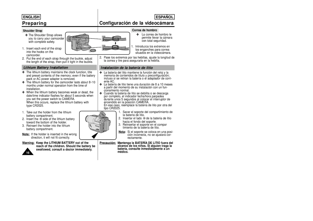 Samsung SCW80/W87 manual Lithium Battery Installation, Instalación de la batería de litio, Shoulder Strap Correa de hombro 