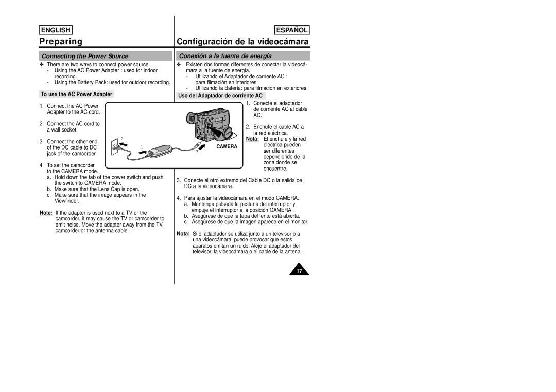 Samsung SCW80/W87 manual Connecting the Power Source, Conexión a la fuente de energía, To use the AC Power Adapter 