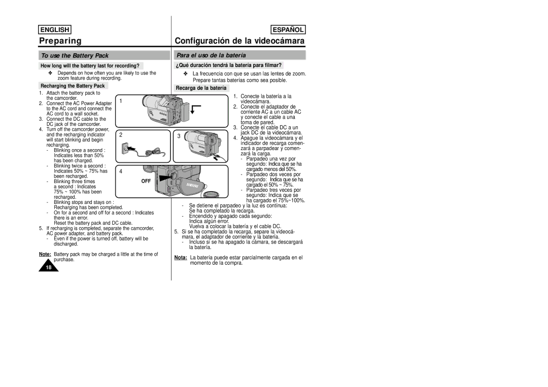 Samsung SCW80/W87 manual To use the Battery Pack, Para el uso de la batería, Off 