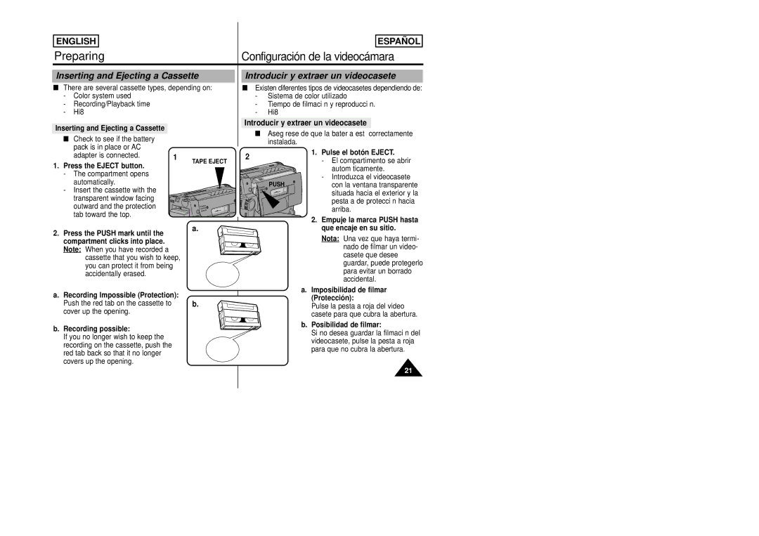 Samsung SCW80/W87 manual Inserting and Ejecting a Cassette, Introducir y extraer un videocasete 