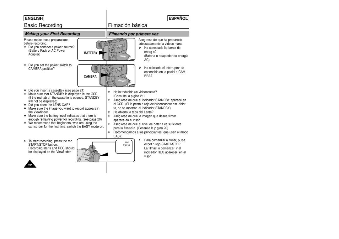 Samsung SCW80/W87 manual Basic Recording Filmación básica, Making your First Recording, Filmando por primera vez 