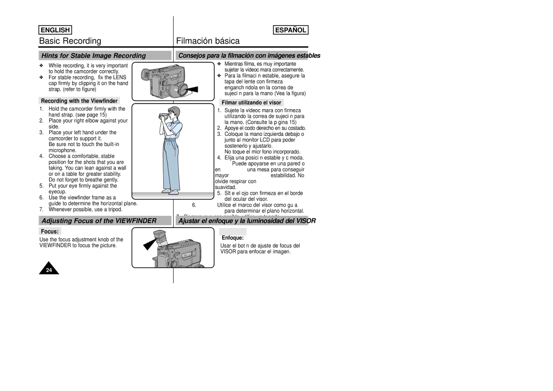 Samsung SCW80/W87 manual Hints for Stable Image Recording, Adjusting Focus of the Viewfinder, Recording with the Viewfinder 