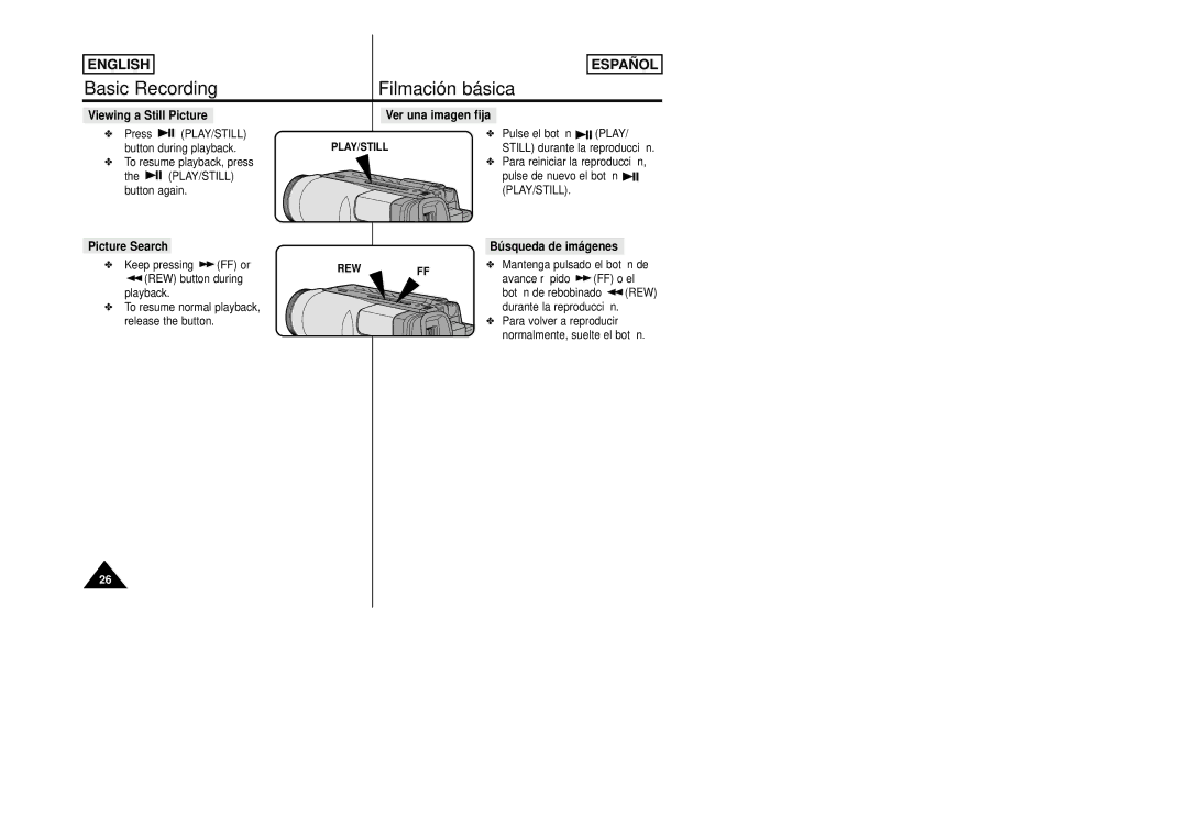 Samsung SCW80/W87 manual Viewing a Still Picture, Picture Search, Ver una imagen fija, Búsqueda de imágenes 