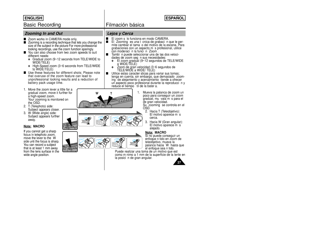 Samsung SCW80/W87 manual Zooming In and Out, Lejos y Cerca, Nota Macro 